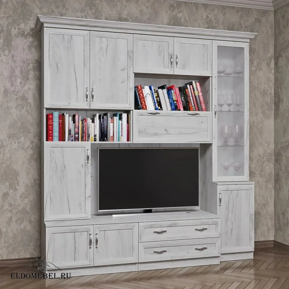 Стенка Марина 5    стекло сатинат   цвет Дуб крафт белый