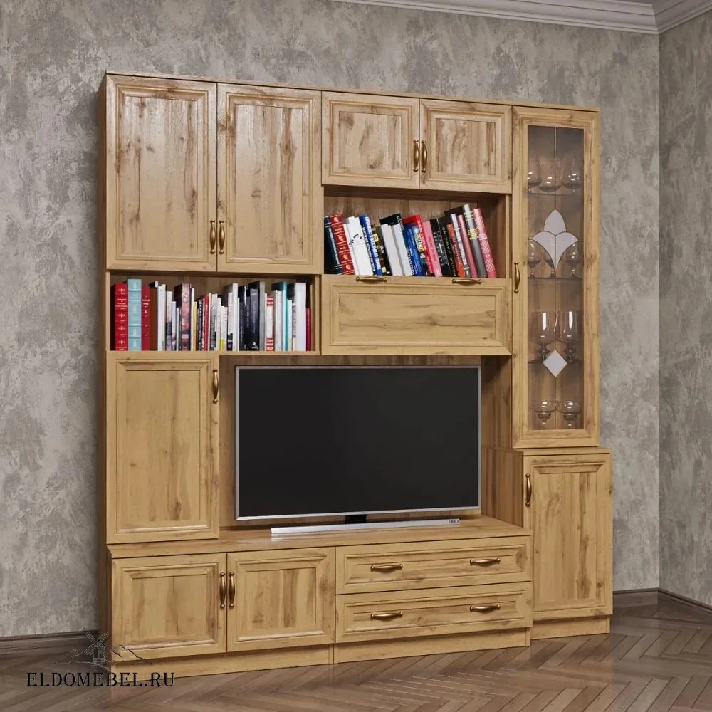 Стенка Марина 5   с витражами    цвет Дуб крафт золотой