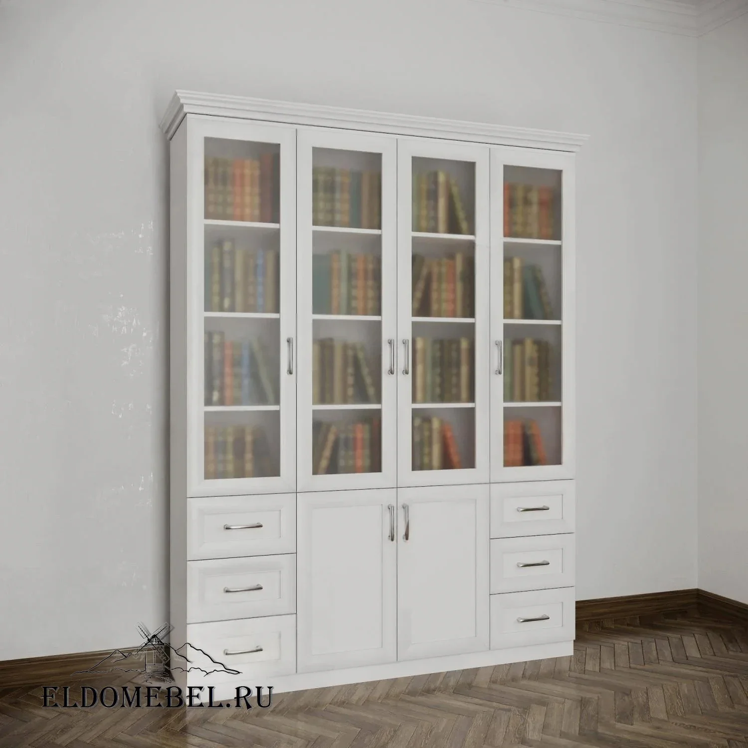 Книжный шкаф 4 №4    стекло сатинат   цвет Стандарт белый