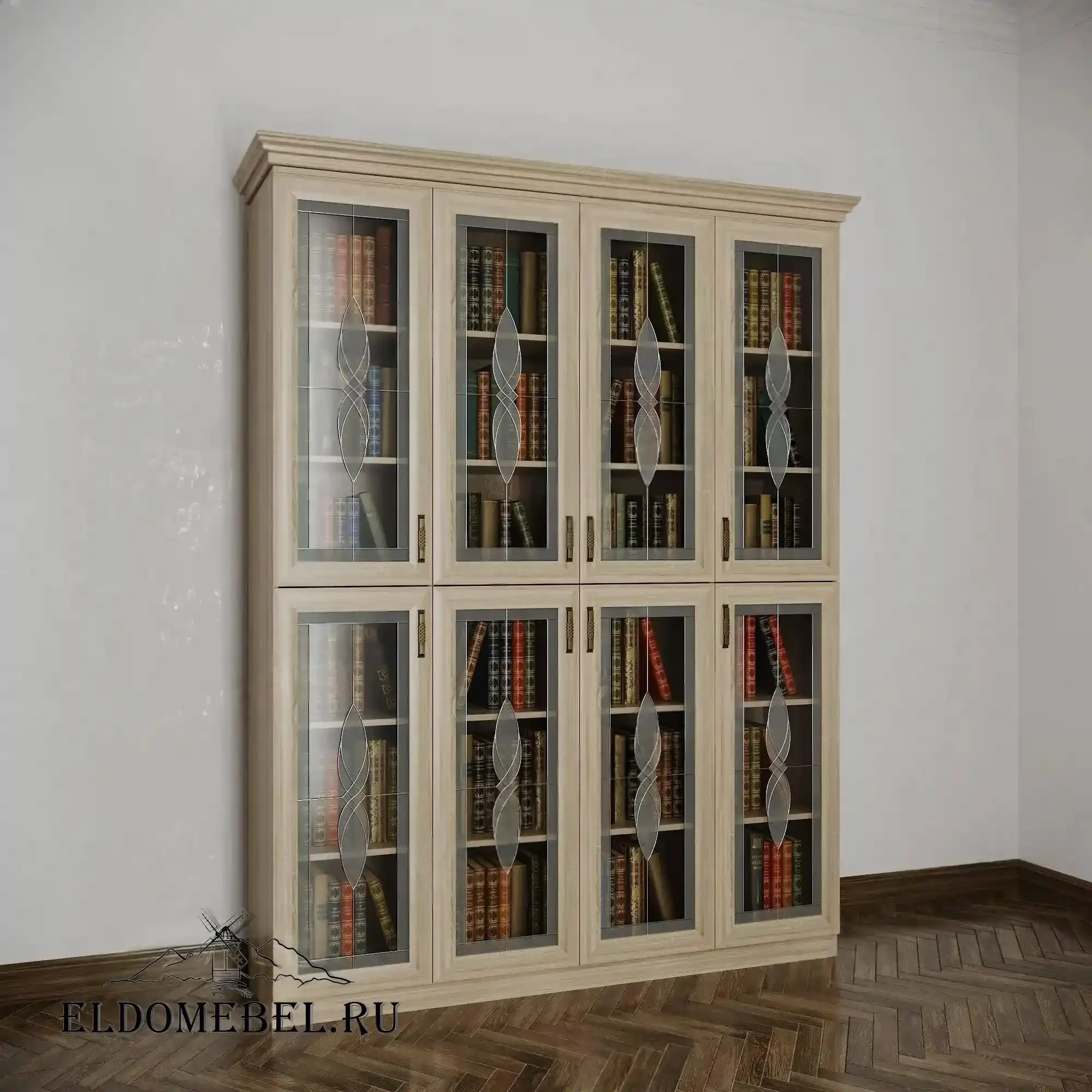 Книжный шкаф 4 №8   с витражами    цвет Стандарт дуб сонома