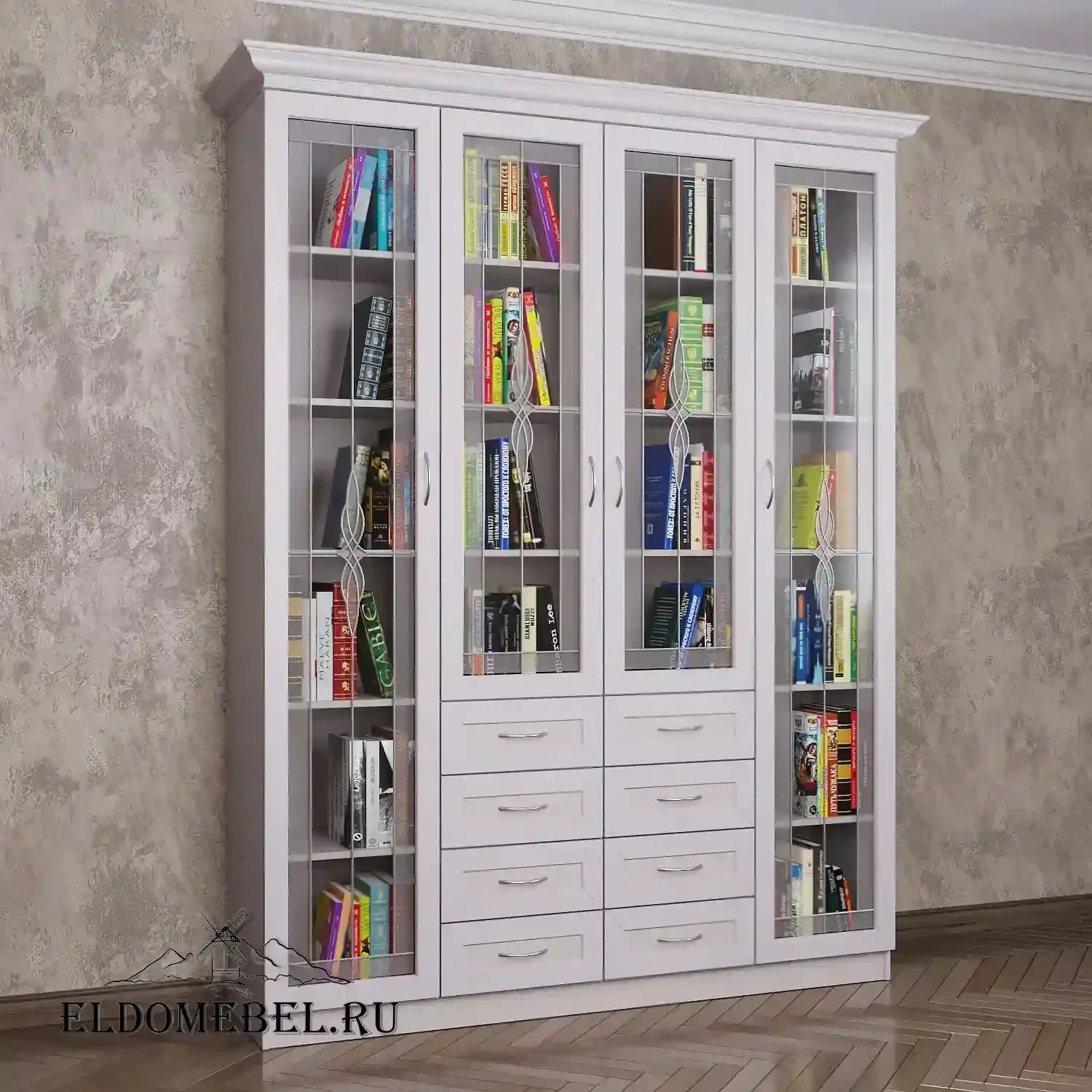 Книжный шкаф 4 №15   с витражами    цвет Стандарт белый