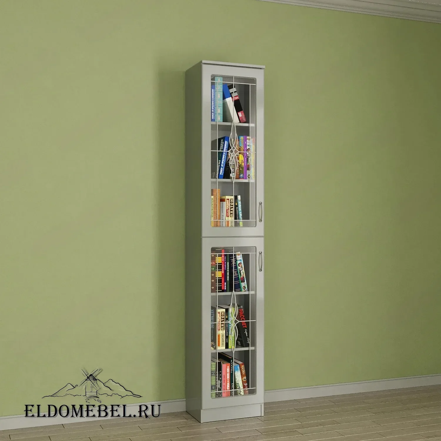 Книжный шкаф 1/2   с витражами    цвет Вена белый глянец