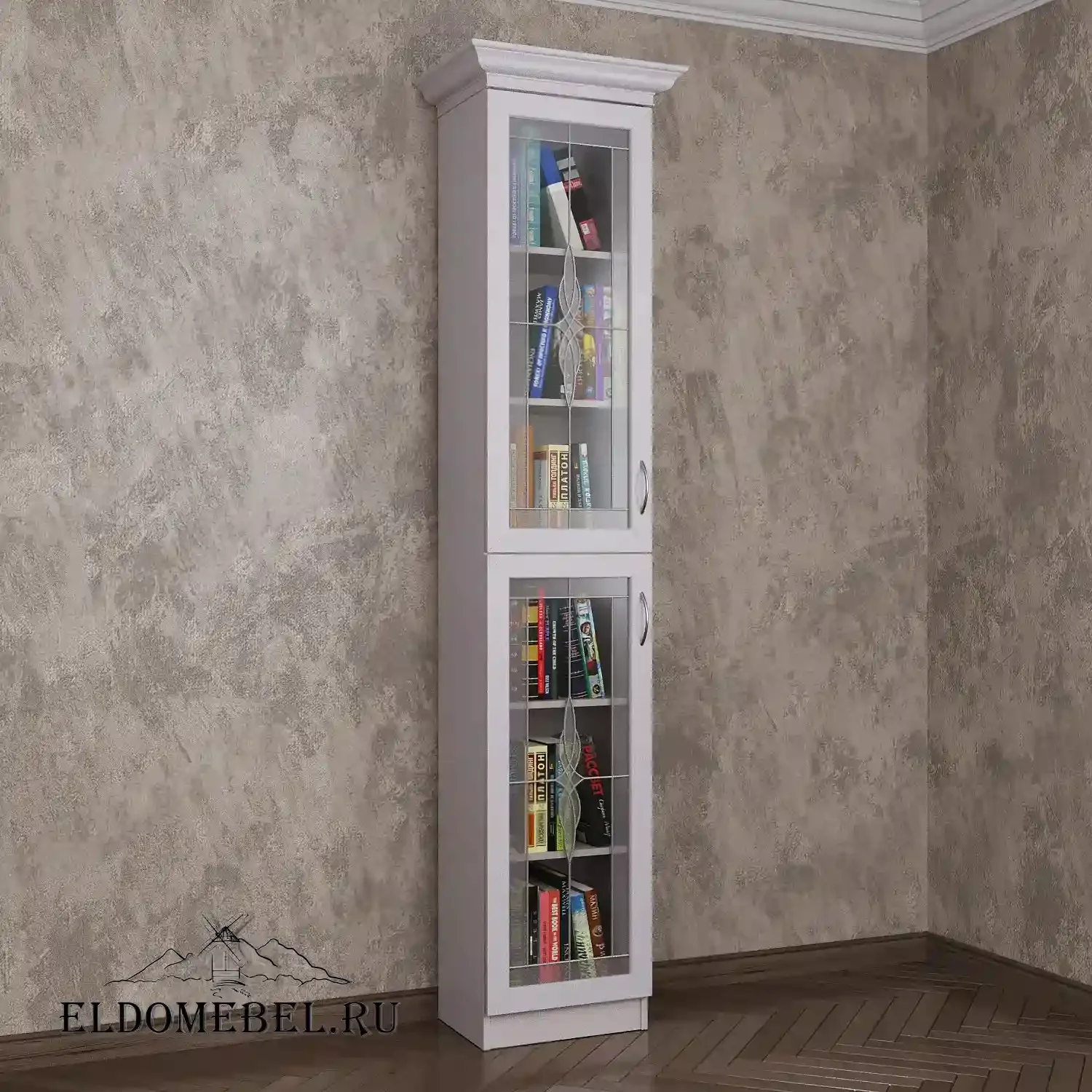 Книжный шкаф 1/2   с витражами    цвет Стандарт белый