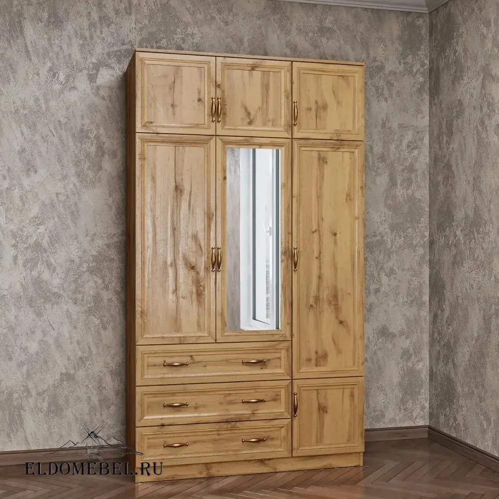 Шкаф с антресолью 3/ 7  с зеркалом     цвет Дуб крафт золотой