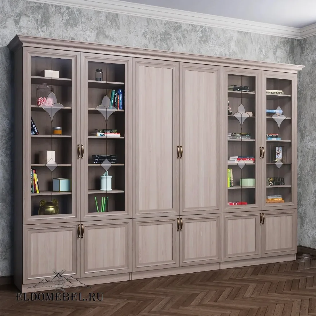 Книжная стенка Автограф 6 с витражами цвет Стандарт шимо светлый