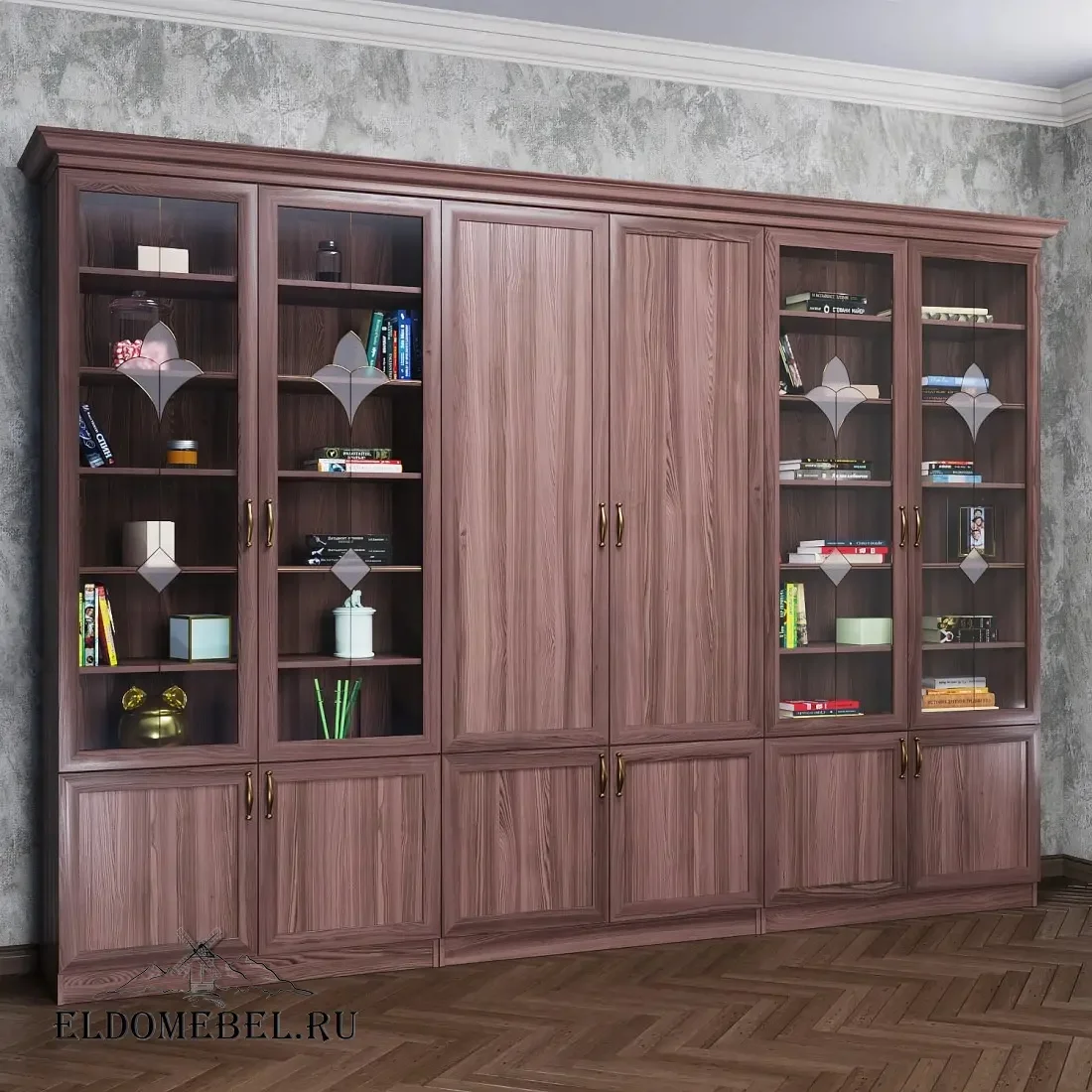 Книжная стенка Автограф 6 с витражами цвет Стандарт шимо темный