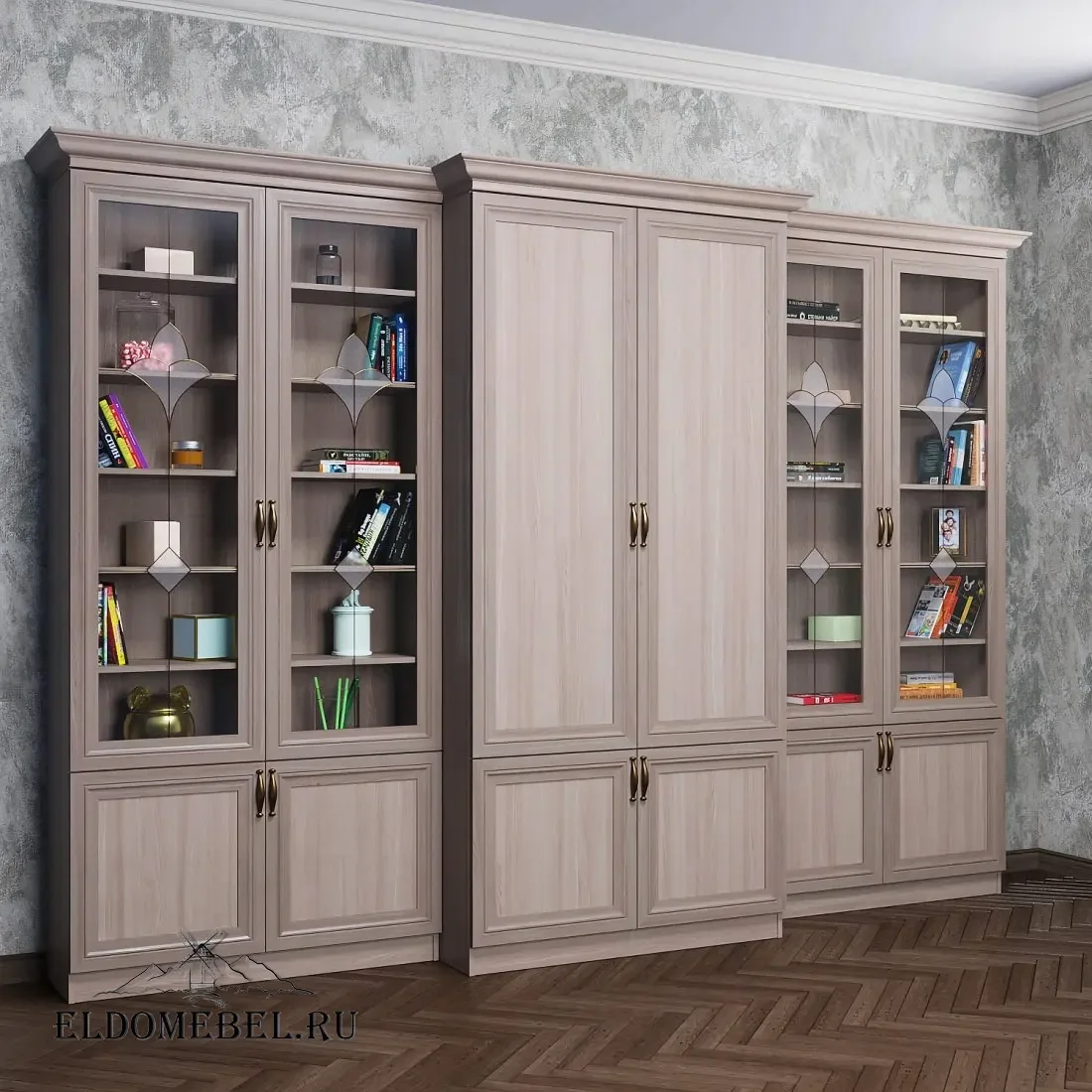 Книжная стенка Автограф 7 с витражами цвет Стандарт шимо светлый