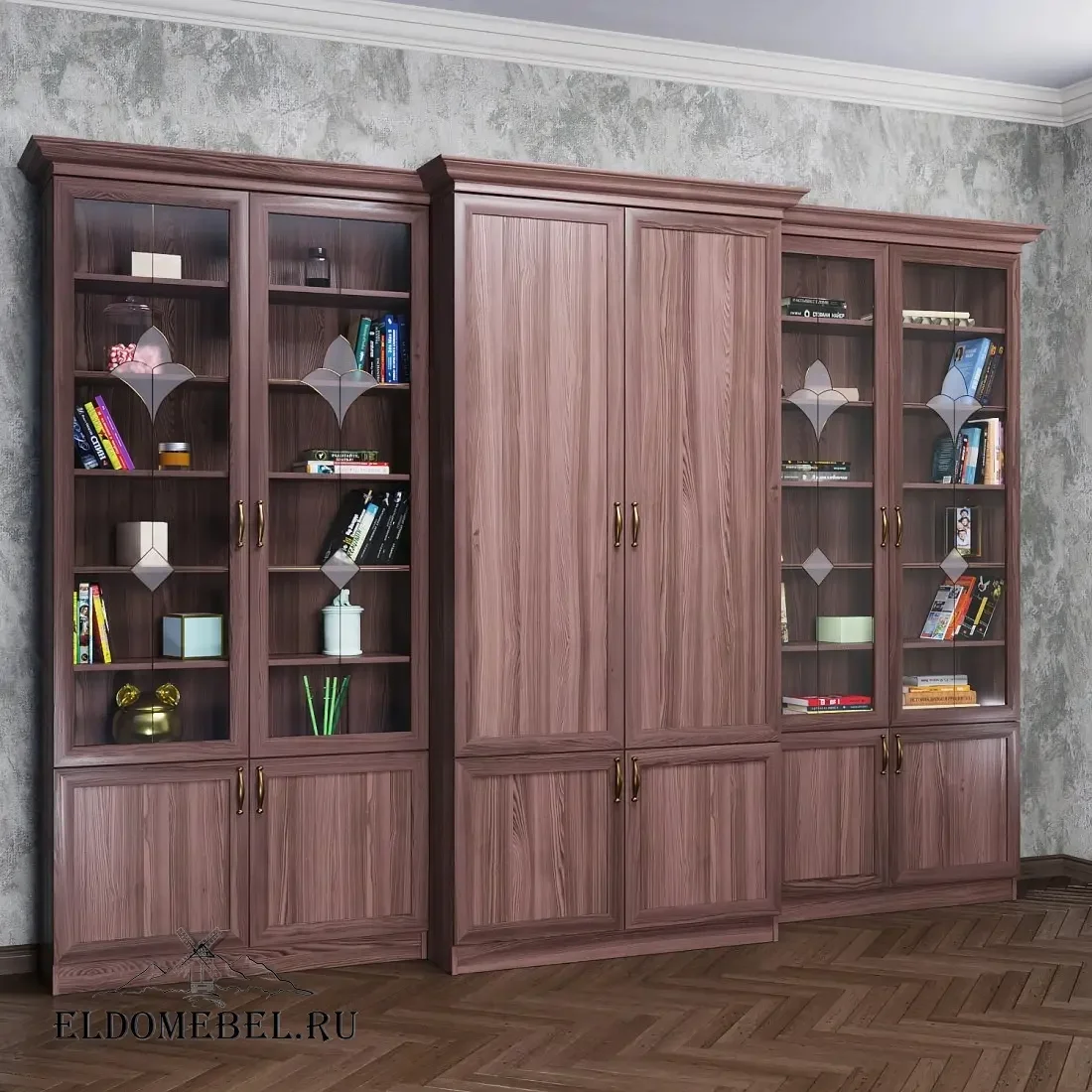 Книжная стенка Автограф 7 с витражами цвет Стандарт шимо темный