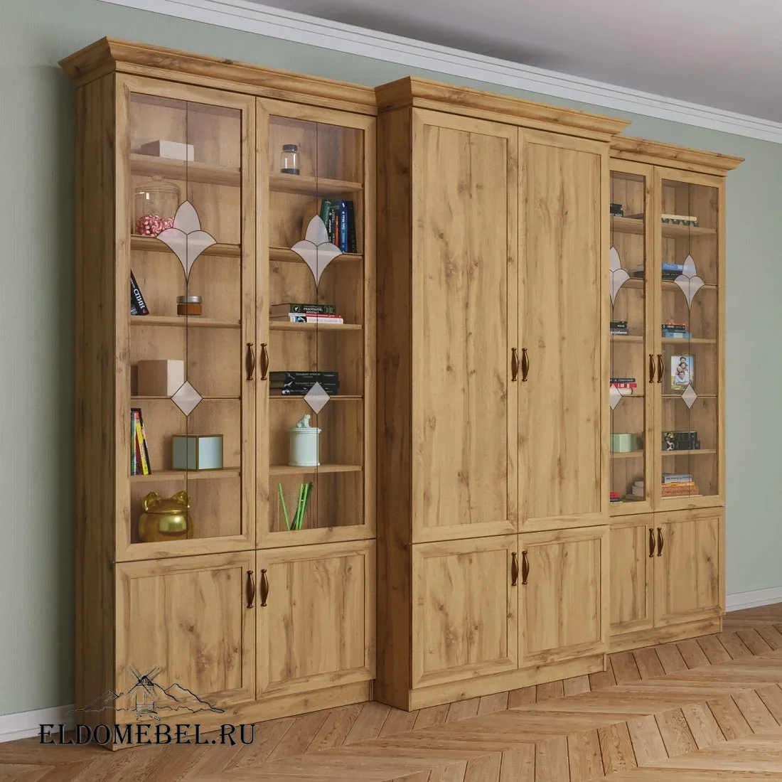 Книжная стенка Автограф 7 с витражами цвет Дуб крафт золотой