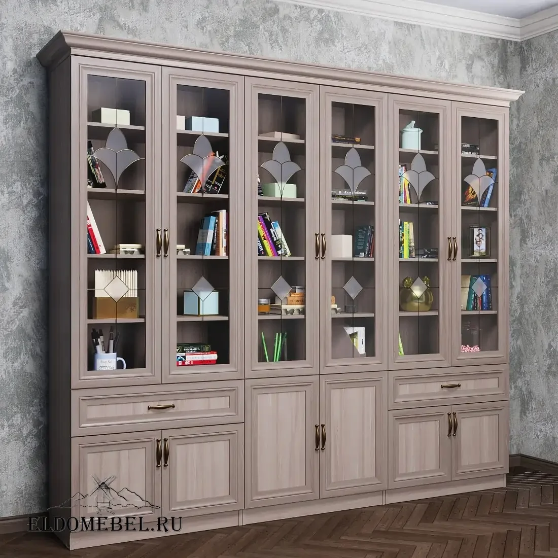 Книжная стенка Автограф 8 с витражами цвет Стандарт шимо светлый