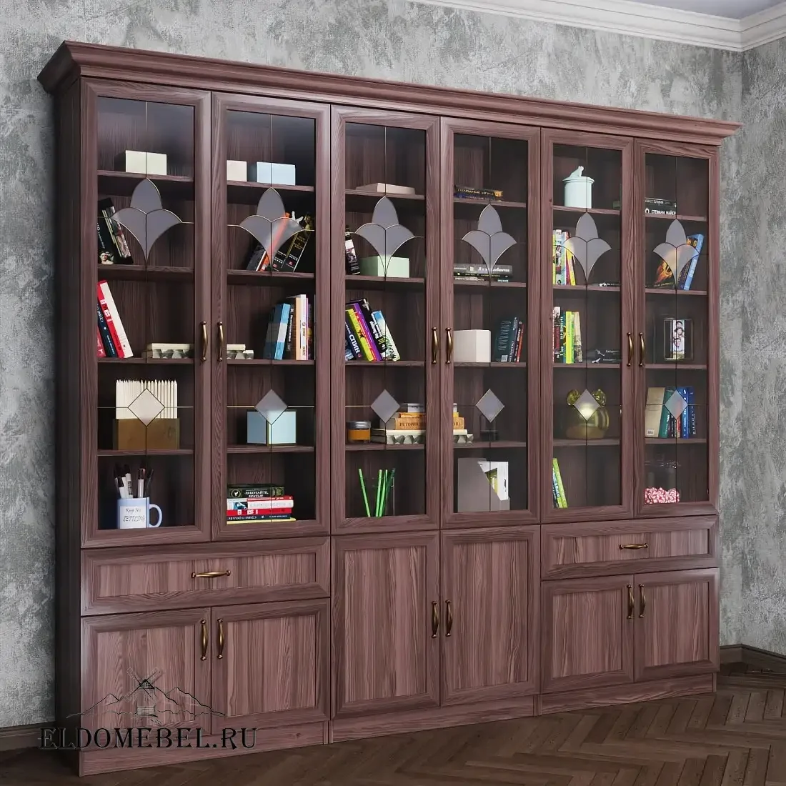 Книжная стенка Автограф 8 с витражами цвет Стандарт шимо темный