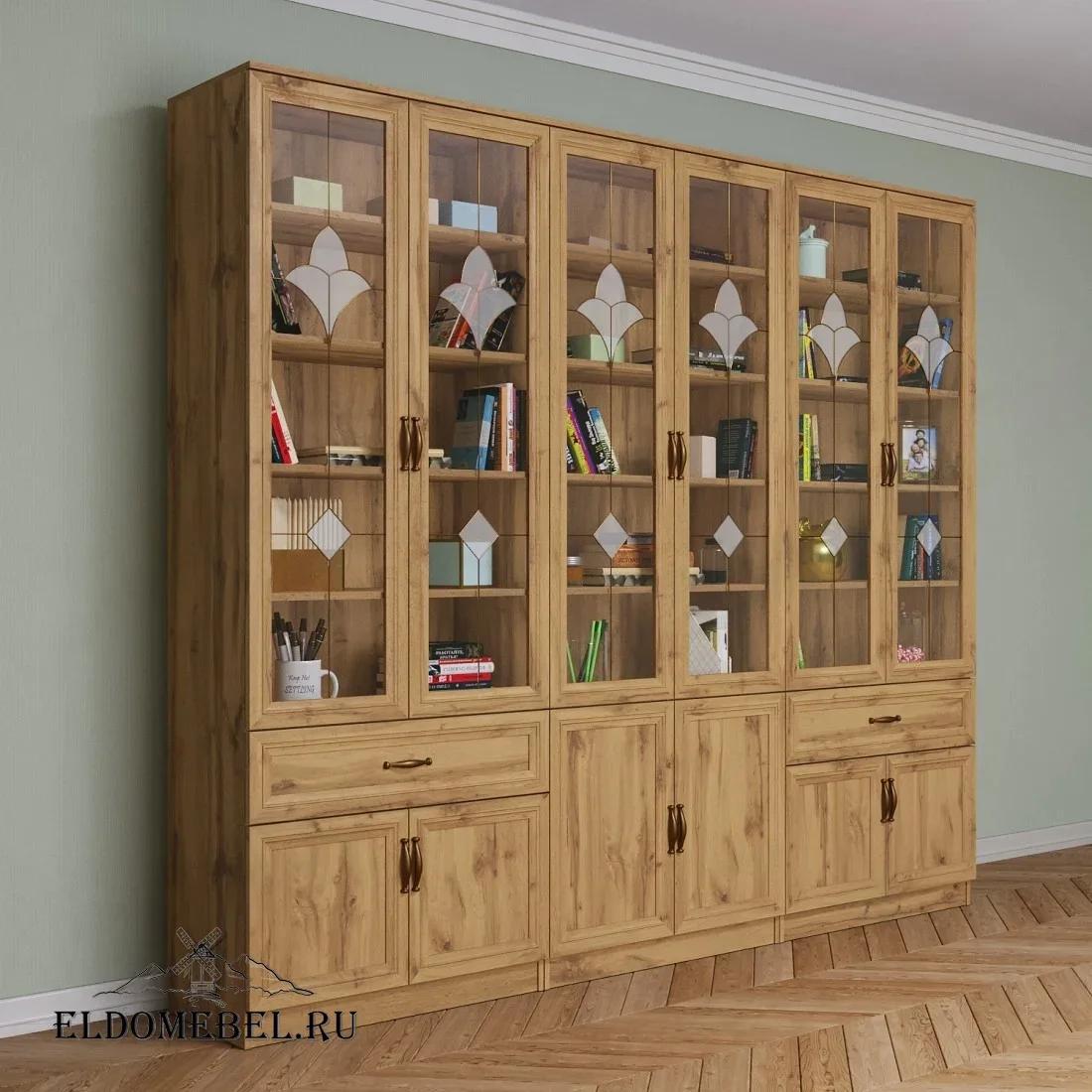 Книжная стенка Автограф 8 с витражами цвет Дуб крафт золотой