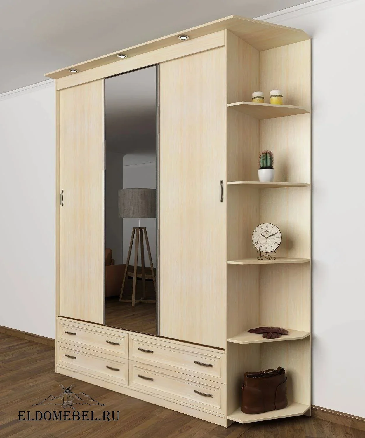 Шкаф купе Эндр 15  с зеркалом     цвет Стандарт молочный беленый дуб