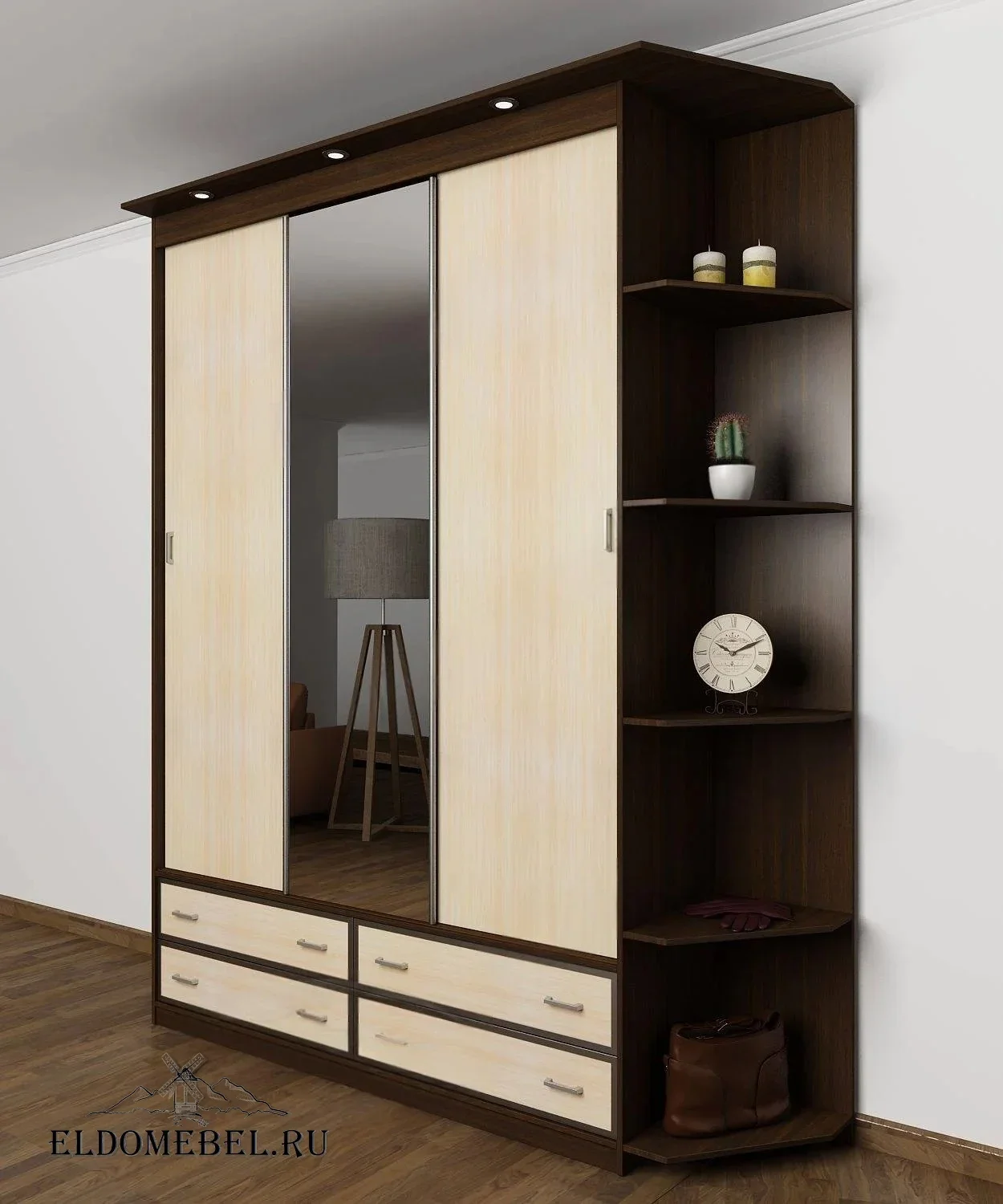 Шкаф купе Эндр 15  с зеркалом     цвет Стандарт венге - молочный дуб