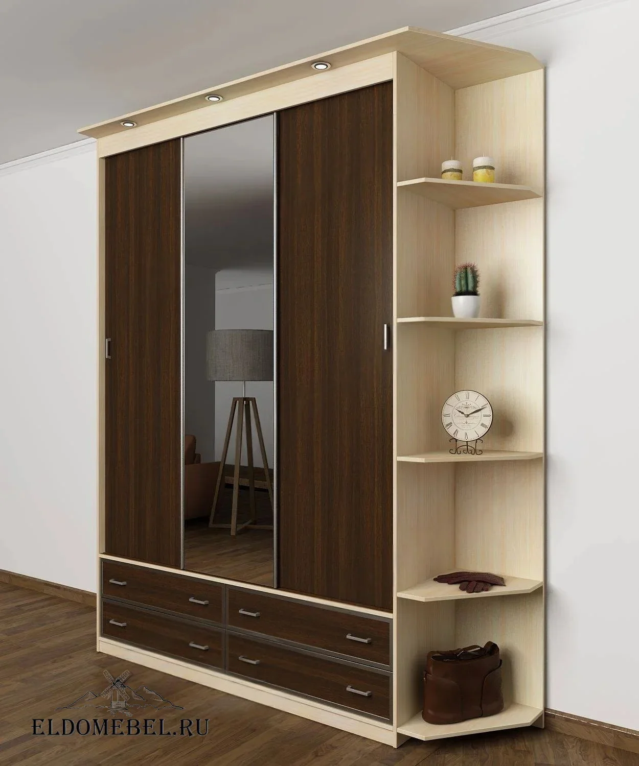 Шкаф купе Эндр 15  с зеркалом     цвет Стандарт беленый дуб - венге