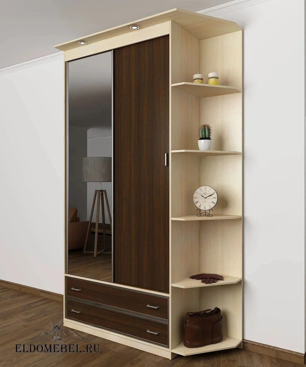 Шкаф купе Эндр 16  с зеркалом     цвет Стандарт беленый дуб - венге
