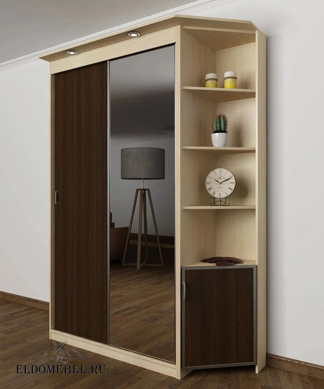 Шкаф купе Лиро 22  с зеркалом     цвет Стандарт беленый дуб - венге