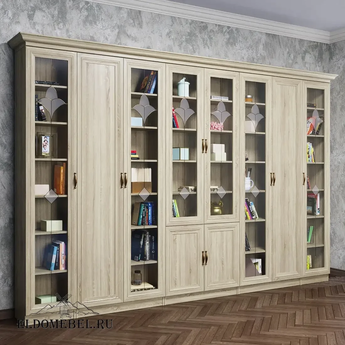 Книжная стенка Автограф 10 с витражами цвет Стандарт дуб сонома