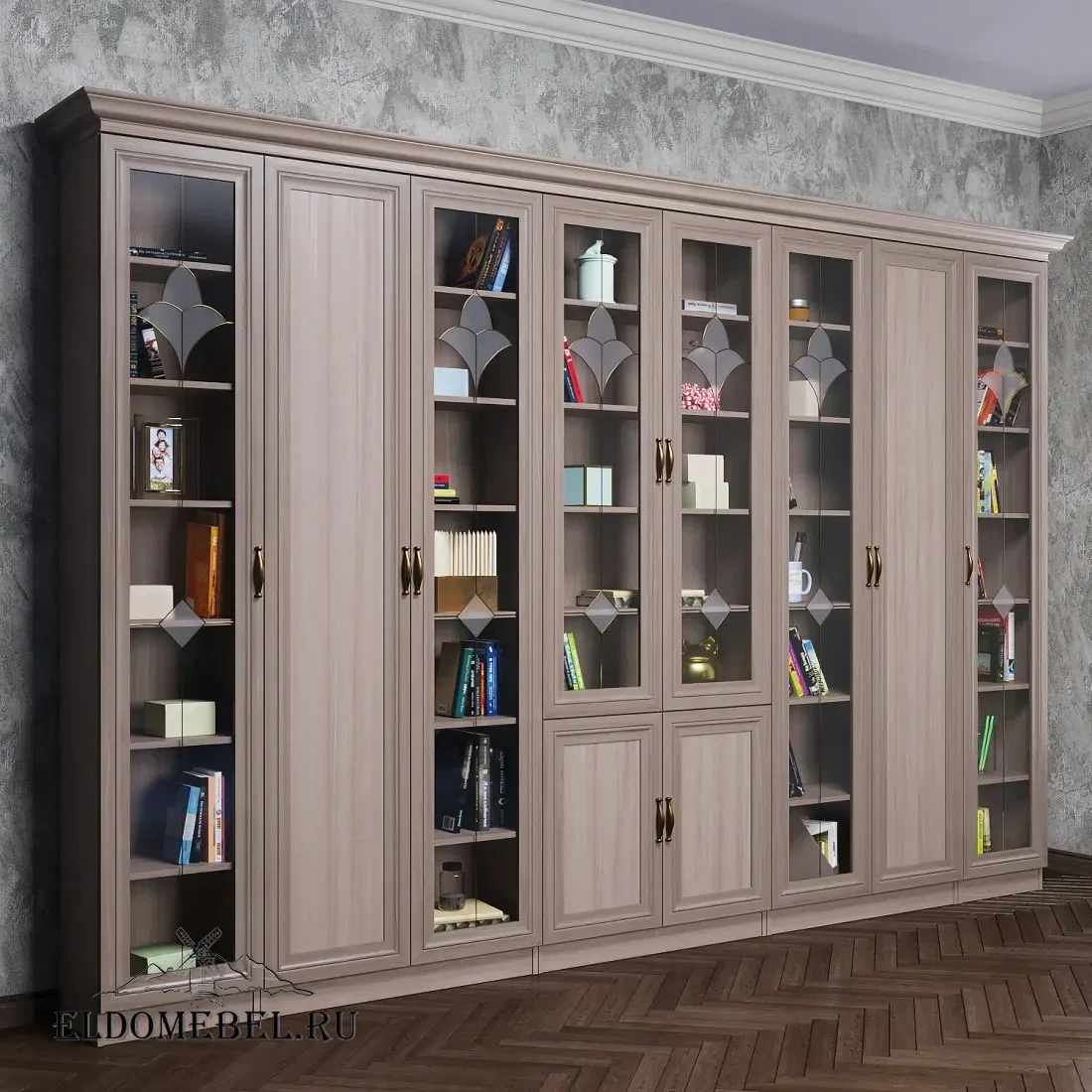 Книжная стенка Автограф 10 с витражами цвет Стандарт шимо светлый