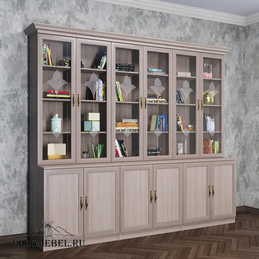 Книжная стенка Автограф 11 с витражами цвет Стандарт шимо светлый