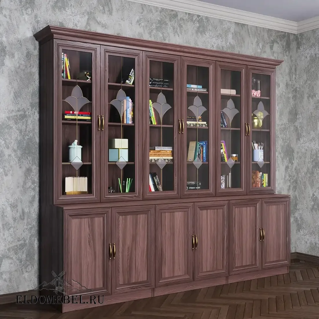 Книжная стенка Автограф 11 с витражами цвет Стандарт шимо темный