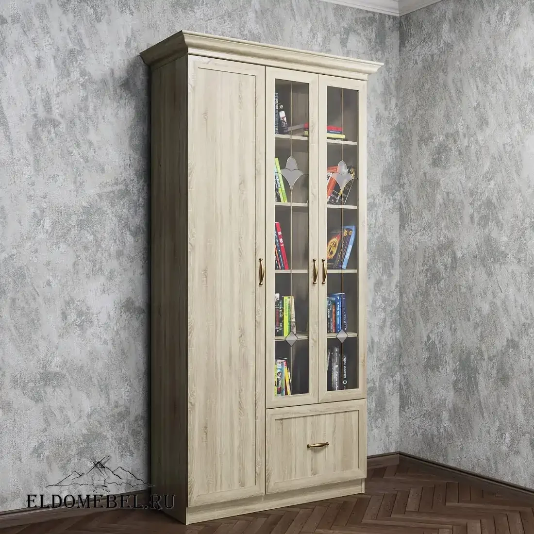 Книжный шкаф Автограф 12 с витражами цвет Стандарт дуб сонома