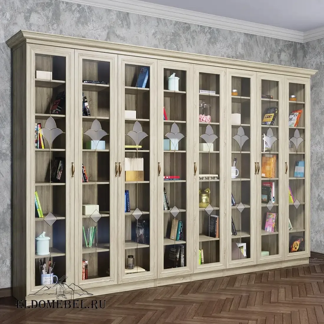 Книжный шкаф Автограф 13 с витражами цвет Стандарт дуб сонома