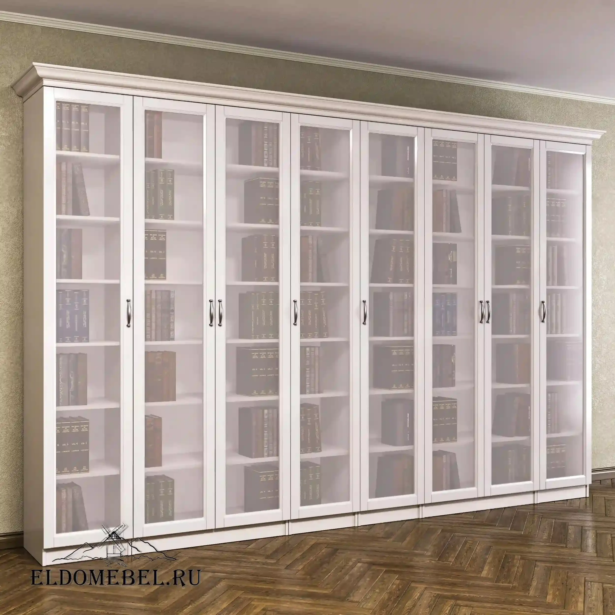 Книжный шкаф Автограф 13 с витражами цвет Адамант белый матовый