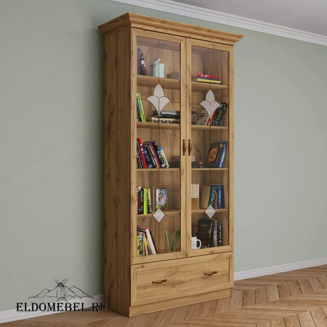 Книжный шкаф Автограф 14 с витражами цвет Дуб крафт золотой